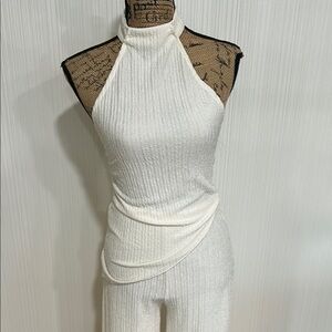 NWOT Elegant Cream  Asymmetrical Halter Neck Two Piece Set Size Small